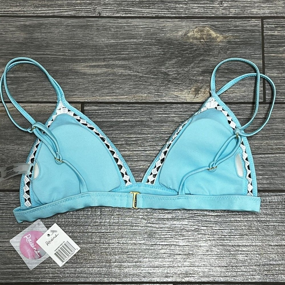 NWT Raisins Sunshine Fixed Tri Bikini Swim Top Large Juniors Blue Crochet Trim - Picture 7 of 14
